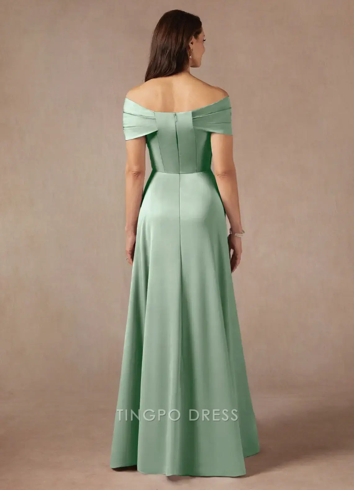 TingPo Wholesale Elegant Mother of the Bride Agave A-Line Off the Shoulder Stretch Satin Dress hot sale for ladies